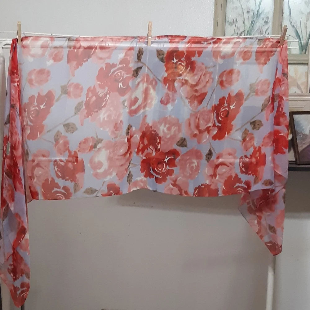 Wrap Head scarf floral sheer rectangular Pinks Purples Lightweight
